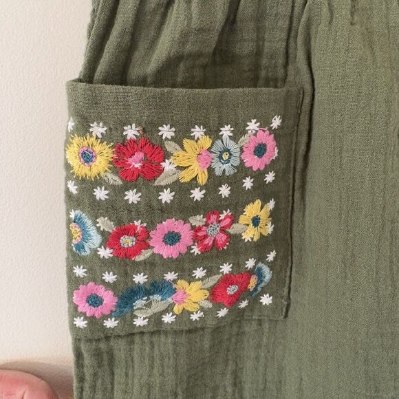 Peek Embroidered Gauze Jogger Pants Girls 12 Olive Multi Elastic Waist Pull On - Picture 5 of 11